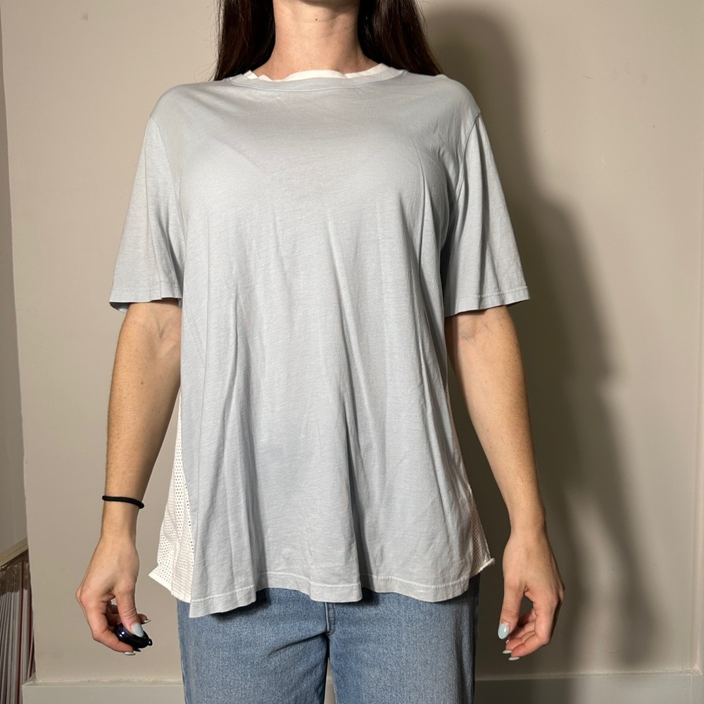Clu Too 100% Cotton Blue Blouse with White Netting Back Size Large